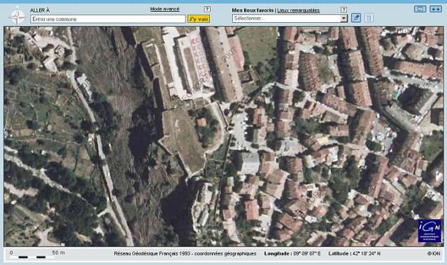 Géoportail.fr - full-screen mode with an aerial map of Corte